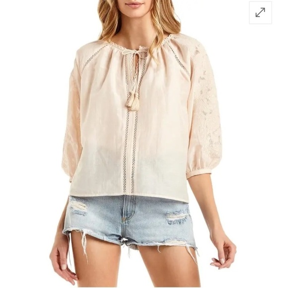 Secret Mission NWT Silk Rachel Blouse Embroidered Tassel Top in Almond Butter - Picture 12 of 12
